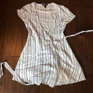 Light blue and white striped wrap dress
